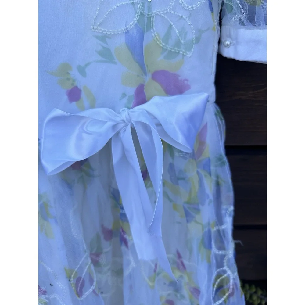 Vtg David Charles Floral Girls Dress‎ W/Rhinestones Size 9-10